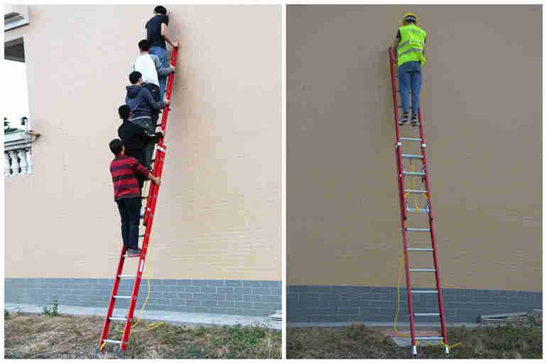 Heavy duty two section fiberglass d-rung leveling high visibility extension trestle leaning ladder